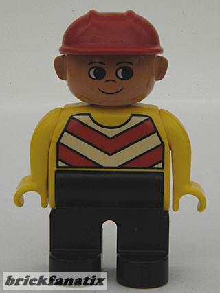 Lego Duplo Figure Male, Black Legs, Chevron Vest, Yellow Arms, Construction Hat Red