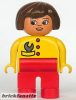 Lego Duplo Figure Female, Red Legs, Yellow Top with Red Buttons & Wrench in Pocket, Brown Hair, Turned Down Nose