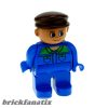 Lego Duplo Figure Male, Blue Legs, Blue Top with Green Collar and Pocket Tabs, Brown Cap