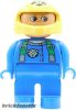 Lego Duplo Figure Male, Blue Legs, Blue Top with Green Suspenders and Tiger Logo, Yellow Helmet with Tiger