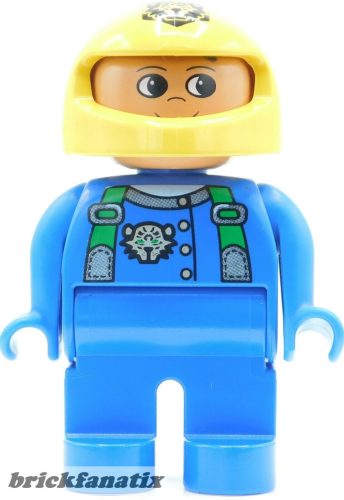 Lego Duplo Figure Male, Blue Legs, Blue Top with Green Suspenders and Tiger Logo, Yellow Helmet with Tiger