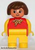 Lego Duplo Figure Female, Yellow Legs, Red Top with Yellow Polka Dot Scarf, Yellow Arms, Brown Hair, Nose and Lips, White in Eyes