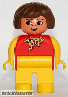 Lego Duplo Figure Female, Yellow Legs, Red Top with Yellow Polka Dot Scarf, Yellow Arms, Brown Hair, Nose and Lips, White in Eyes