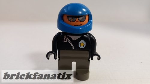 Lego Duplo Figure, Male Police, Dark Gray Legs, Black Top Zippered Jacket and Police Badge, Blue Helmet