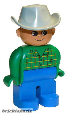 Lego Duplo Figure Male, Blue Legs, Green Top with Pocket, Light Gray Cowboy Hat