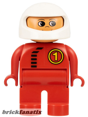 Lego Duplo Figure, Male, Red Legs, Red Top with Black Zipper and Racer #1, White Helmet