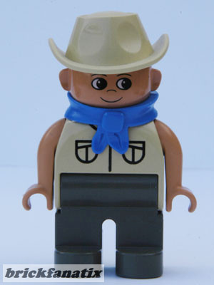 Lego Duplo Figure, Male, Dark Gray Legs, Tan Top Safari with Pockets, Cowboy Hat, Blue Bandana
