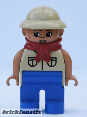 Lego Duplo Figure, Female, Blue Legs, Tan Top with 2 Pockets, Tan Pith Helmet, Red Bandana, Eyelashes