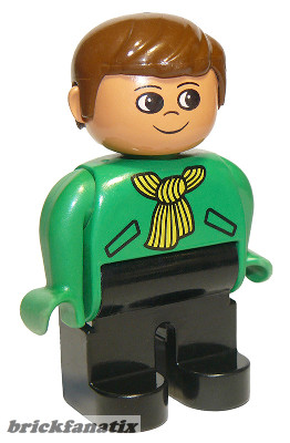 Lego Duplo Figure Male, Black Legs, Green Top with Yellow Scarf, Brown Hair