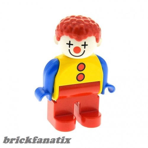 Lego Duplo Figure Male Clown, Red Legs, Yellow Top with 2 Buttons, Blue Arms, Red Hair Curly (4129940)