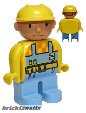 Duplo Figure Lego Ville, Male, Medium Blue Legs, Orange Top with Overalls, Yellow Construction Helmet (Bob the Builder)