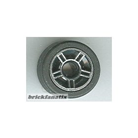   Lego Wheel 11mm D. x 6mm with 5 Spokes with Silver Outline Pattern with Black Tire 14mm D. x 6mm Solid Smooth (50944pb01 / 50945)