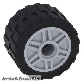   Lego Wheel 18mm D. x 14mm with Pin Hole, Fake Bolts and Shallow Spokes with Black Tire 24 x 14 Shallow Tread (55981 / 30648), Light bluish gray