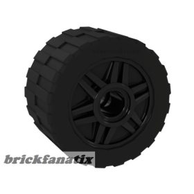   Lego Wheel 18mm D. x 14mm with Pin Hole, Fake Bolts and Shallow Spokes with Black Tire 24 x 14 Shallow Tread (55981 / 30648), Black
