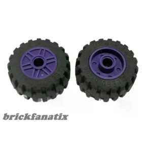   Lego Wheel 18mm D. x 14mm with Pin Hole, Fake Bolts and Shallow Spokes with Black Tire 30.4 x 14 Offset Tread - Band Around Center of Tread (55981 / 92402), Dark purple