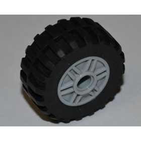   Lego Wheel 18mm D. x 14mm with Pin Hole, Fake Bolts and Shallow Spokes with Black Tire 30.4 x 14 Offset Tread - Band Around Center of Tread (55981 / 92402), Light grey