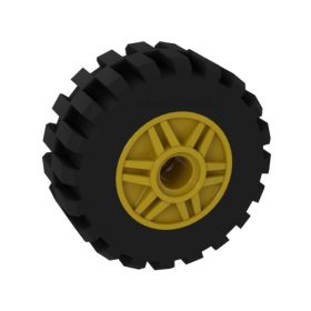   Lego Wheel 18mm D. x 14mm with Pin Hole, Fake Bolts and Shallow Spokes with Black Tire 30.4 x 14 Offset Tread - Band Around Center of Tread (55981 / 92402), Yellow