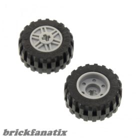   Lego Wheel 18mm D. x 14mm with Axle Hole, Fake Bolts and Shallow Spokes with Black Tire 30.4 x 14 Offset Tread Band Around Center of Tread (55982 / 92402), Light gray