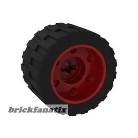   Lego Wheel 18mm D. x 14mm with Axle Hole, Fake Bolts and Shallow Spokes with Black Tire 24 x 14 Shallow Tread - Band Around Center of Tread (55982 / 89201), Red