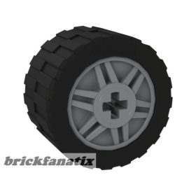   Lego Wheel 18mm D. x 14mm with Axle Hole, Fake Bolts and Shallow Spokes with Black Tire 24 x 14 Shallow Tread - Band Around Center of Tread (55982 / 89201), Light grey