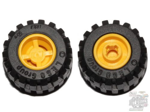 Lego Wheel 11mm D. x 12mm, Hole Notched for Wheels Holder Pin with Black Tire Offset Tread Small Wide, Band Around Center of Tread (6014b / 87697), yellow