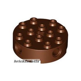  Lego Brick, Round 4 x 4 with 4 Side Pin Holes and Center Axle Hole, Reddish brown