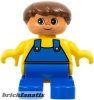 Lego Duplo Figure, Male, Child Boy, Blue Legs, Yellow Top with Overalls Pattern, Brown Hair, Nougat Head (75487)