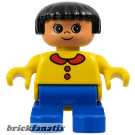   Duplo Figure, Child Type 2 Girl, Blue Legs, Yellow Top with Collar and 2 Buttons, Black Hair