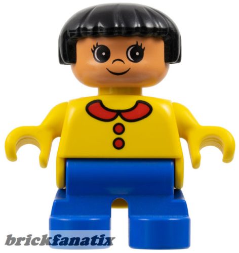 Duplo Figure, Child Type 2 Girl, Blue Legs, Yellow Top with Collar and 2 Buttons, Black Hair