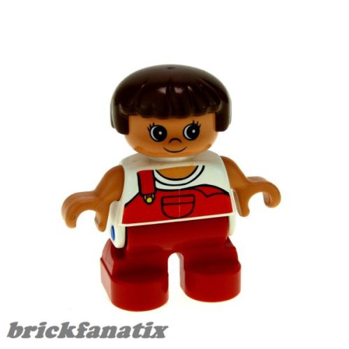 Lego Duplo Figure, Child Type 2 Girl, Red Legs, White Top with Red Overalls with one Strap