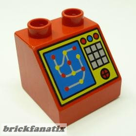 Lego Duplo, Brick 2 x 2 x 1 1/2 Slope 45 with Blue Computer Screen and Buttons on Yellow Background Pattern, red