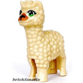   Lego Alpaca / Llama, Mini Doll Style with Bright Green Eyes with Eyelashes, Black Nose and Medium Nougat Muzzle Pattern, Tan