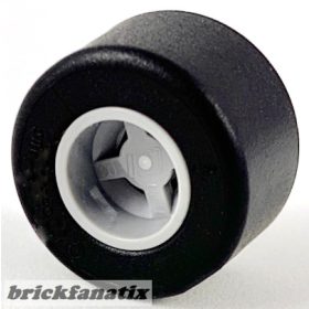   Lego Wheel 8mm D. x 9mm, Hole Notched for Wheels Holder Pin, Reinforced Back with Black Tire 14mm D. x 9mm Smooth Small Wide Slick (74967 / 30028), Light gray