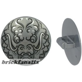   Lego Minifigure, Shield Circular / Round Convex Face with Black and Silver Ninjago Dragon Head Pattern