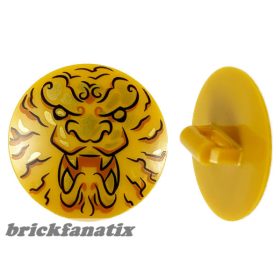  Lego Minifigure, Shield Circular / Round Convex Face with Black and Gold Ninjago Lion Head Pattern