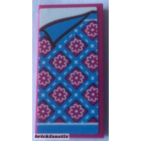   Lego Tile 2 x 4 with Bedspread with Magenta Flowers and Medium Blue Stripes and Corner Pulled Back Pattern (Sticker) - Set 41126