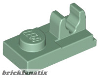 Lego Plate, Modified 1 x 2 with Clip with Center Cut on Top, Sand green