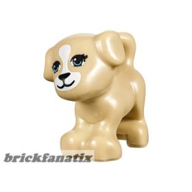   Lego Dog, Mini Doll Style, Puppy, Standing with Medium Azure Eyes with Outline, Black Nose and Mouth, White Blaze and Muzzle Pattern
