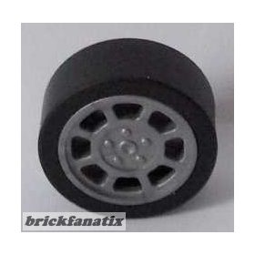   Lego Wheel 11mm D. x 6mm with 8 Spokes with Black Tire 14mm D. x 6mm Solid Smooth (93593 / 50945), Flat Silver