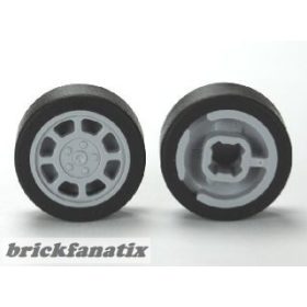   Lego Wheel 11mm D. x 6mm with 8 Spokes with Black Tire 14mm D. x 6mm Solid Smooth (93593 / 50945), Light gray