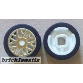   Lego Wheel 11mm D. x 6mm with 8 'Y' Spokes with Gold Outline Pattern with Black Tire 14mm D. x 6mm Solid Smooth (93595pb01 / 50945)