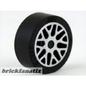   Lego Wheel 11mm D. x 6mm with 8 'Y' Spokes with Silver Outline Pattern with Black Tire 14mm D. x 6mm Solid Smooth (93595pb02 / 50945)