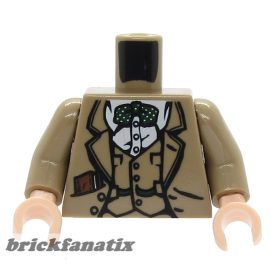   Lego minifigure torso - Indiana Jones Vest, Jacket, Dark Green Bow Tie, and Diary in Pocket Pattern / Dark Tan Arms / Light Nougat Hands