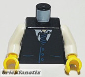 Lego figura torzo - Torso Town Vest with Pockets and Blue Striped Tie over White Open Collar Shirt Pattern / White Arms / Yellow Hands