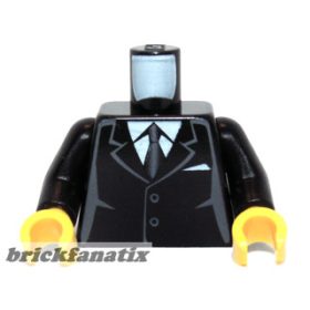   Lego minifigure torso - Suit with 2 Buttons, Gray Sides, Gray Centerline and Tie Pattern / Black Arms / Yellow Hands
