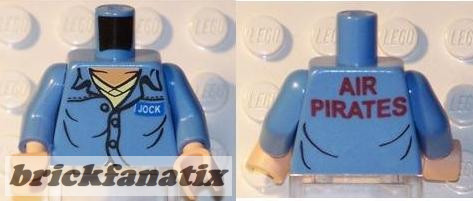 Lego Minifigure Torso Open Collar, Name Badge 'JOCK' and 'AIR PIRATES' on Reverse Pattern / Medium Blue Arms / Light Nougat Hands