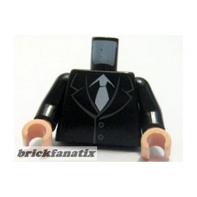   Lego minifigure torso - Suit with 2 Buttons and White Tie Pattern / Black Arms / Light Nougat Hands ( Set 7682 Indiana Jones Shanghai Chase )