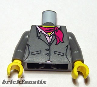 Lego minifigure torso - Suit Jacket, Two Buttons, Pink Shirt and Magenta Scarf Pattern/ Dark Bluish Gray Arms / Yellow Hands