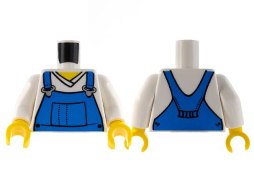 Lego minifigure torso - V-Neck Shirt with Blue Overalls - Printed Back Pattern / White Arms / Yellow Hands