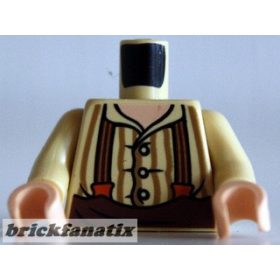   Lego minifigure torso - LotR Button Shirt with Dark Tan Stripes and Brown and Dark Orange Suspenders Pattern / Tan Arms / Light Nougat Hands